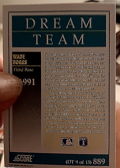 1991 Score #889 Wade Boggs — back