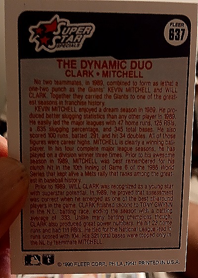 1990 Fleer #637 The Dynamic Duo Will Clark / Kevin Mitchell — back