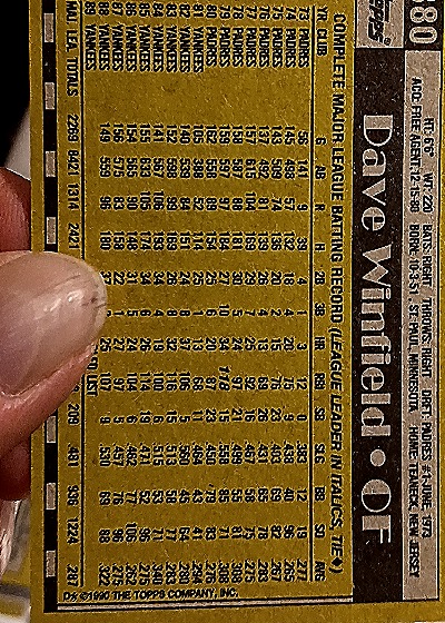 1990 Topps #380 Dave Winfield — back
