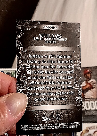 2016 Topps Update #3000H-7 Willie Mays 3000 Hits Club — back