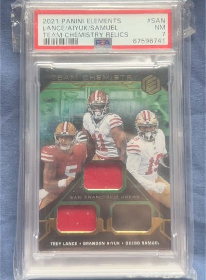 2021 Panini Elements #SAN Trey Lance/Brandon Aiyuk/Deebo Samuel Team Chemistry Relics — front