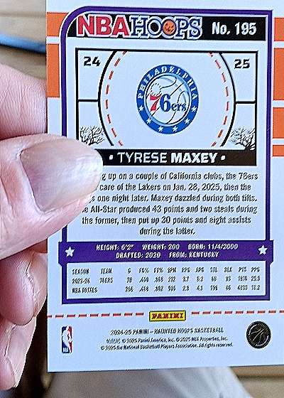 2024-25 Panini NBA Hoops #195 Tyrese Maxey — back