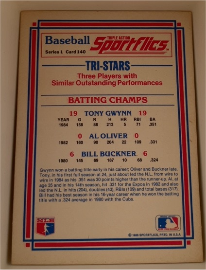 1986 Sportflics Baseball #140 Tri-Stars Tony Gwynn / Al Oliver / Bill Buckner — front