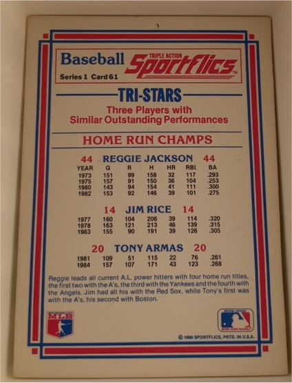 1986 Sportflics #61 Tri-Stars Home Run Champs Reggie Jackson Jim Rice Tony Armas — front