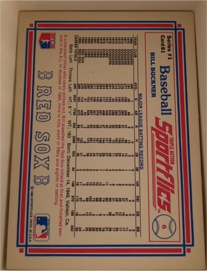 1986 Sportflics #81 Bill Buckner — front