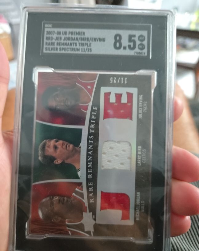 2007-08 Upper Deck Premier RR3-JEB Jordan/Bird/Erving Rare Remnants Triple Silver Spectrum 11/25 — front