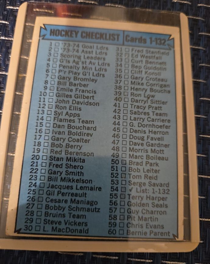 1974-75 Topps Hockey Checklist #54 — front