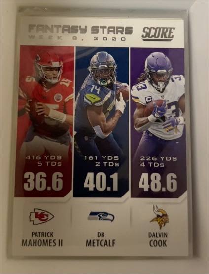 2020 Panini Score Fantasy Stars #FS8 Patrick Mahomes II / DK Metcalf / Dalvin Cook — front