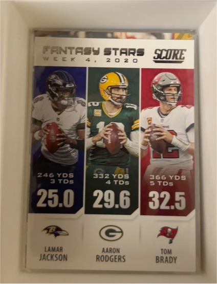 2021 Panini Score Fantasy Stars #FS4 Lamar Jackson, Aaron Rodgers, Tom Brady — front