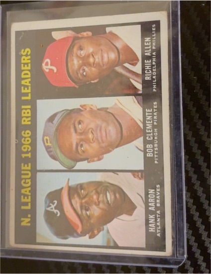 1967 Topps #242 NL RBI Leaders Hank Aaron Roberto Clemente Richie Allen — front