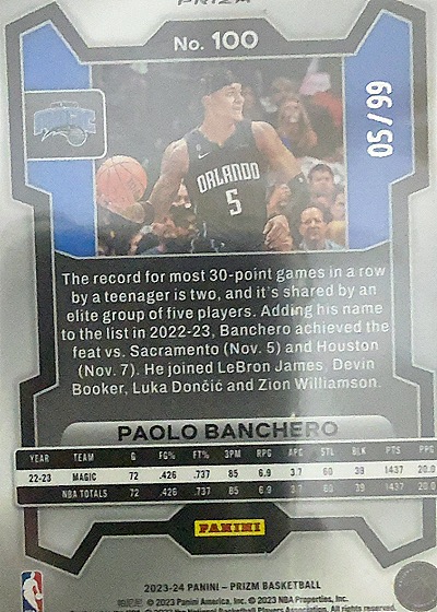 2023-24 Panini Prizm #100 Paolo Banchero — back