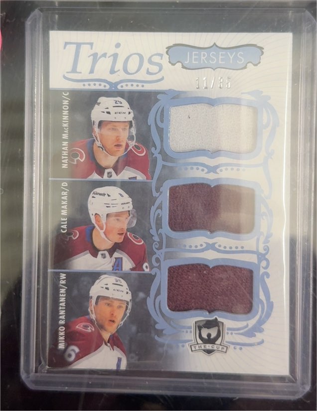 2023-24 Upper Deck The Cup Trios Jerseys #11/35 Nathan MacKinnon / Cale Makar / Mikko Rantanen — front