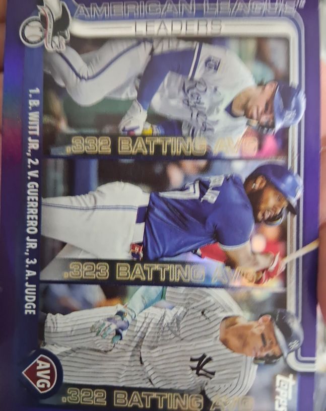 2025 Topps #345 American League Leaders AVG Bobby Witt Jr., Vladimir Guerrero Jr., Aaron Judge — front
