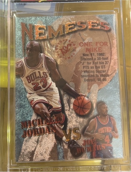 1995-96 Topps Stadium Club Nemeses #N10 Michael Jordan vs Joe Dumars — front