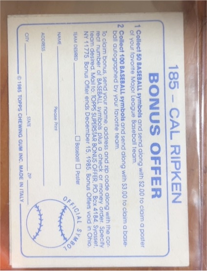 1985 Topps #185 Cal Ripken — front