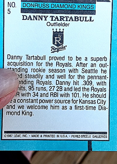 1987 Donruss Diamond Kings #5 Danny Tartabull — back