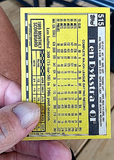 1990 Topps #515 Len Dykstra — back