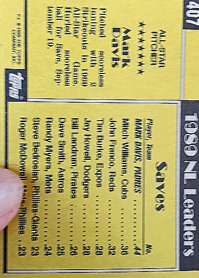1990 Topps #407 Mark Davis — back