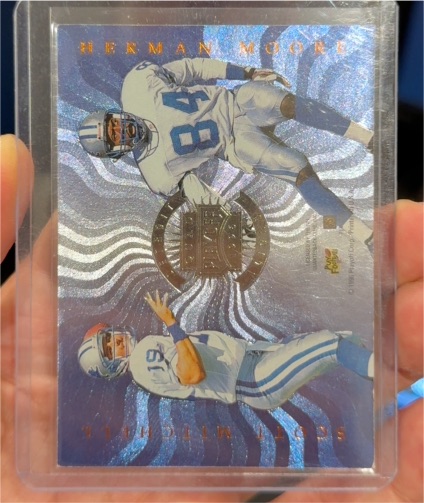 1996 Topps Quad Team Insert #QT-3 Herman Moore / Ken Dilger / Jim Harbaugh / Sean Dawkins — front