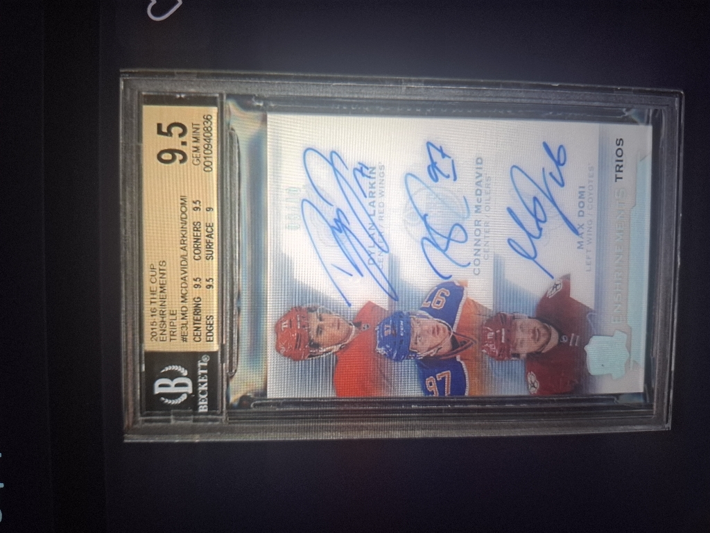2015-16 Upper Deck The Cup Enshrinements Triple #E3J.LMD Connor McDavid / Dylan Larkin / Max Domi — front
