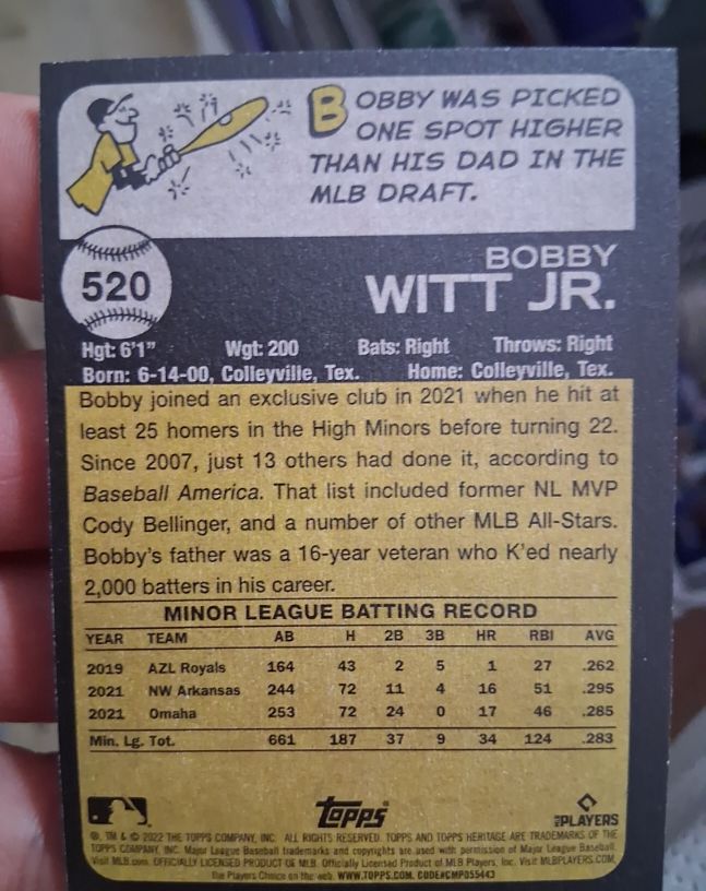 2022 Topps Heritage Minors #520 Bobby Witt Jr. — front
