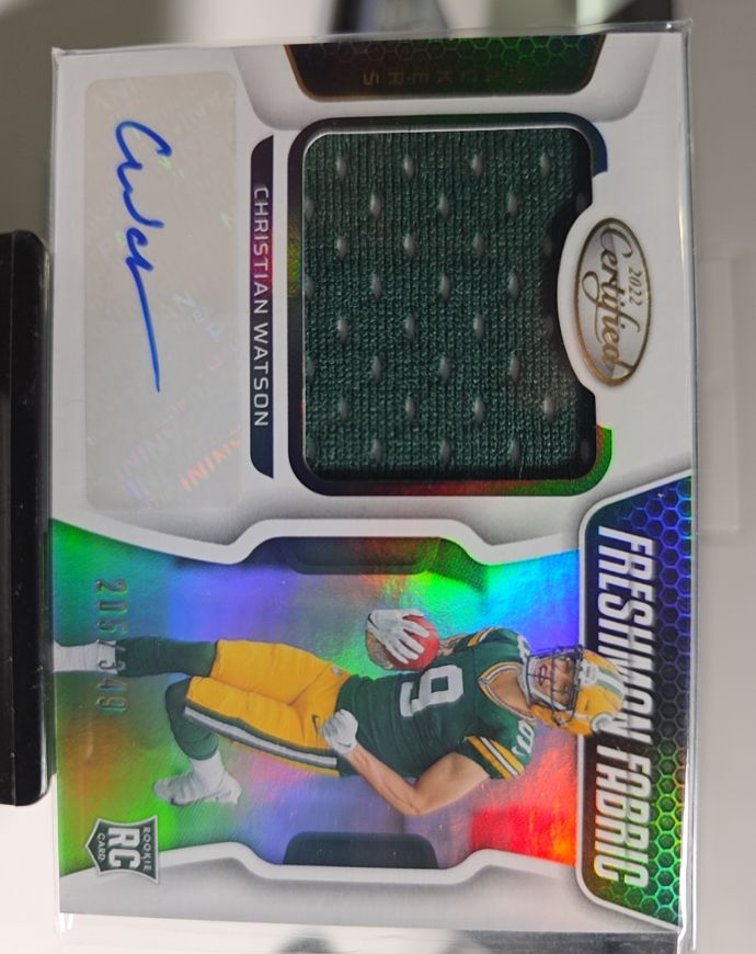 2022 Panini Certified #232 Christian Watson Freshman Fabric Rookie Patch Auto — front