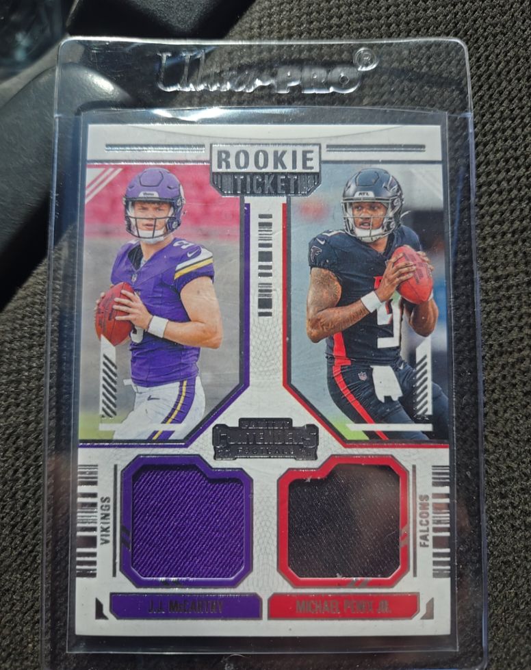 2024 Panini Contenders #DS-11 J.J. McCarthy / Michael Penix Jr. Rookie Ticket Dual Patch — front