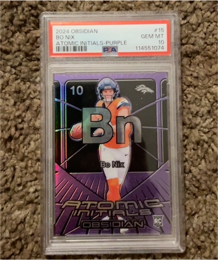 2024 Panini Obsidian #15 Bo Nix Atomic Initials Purple — front