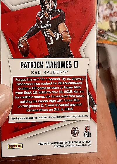 2022 Panini Chronicles Rookies & Stars Draft Picks #18 Patrick Mahomes II — back