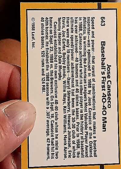 1989 Donruss #643 Jose Canseco 40/40 Club Oakland Athletics — back
