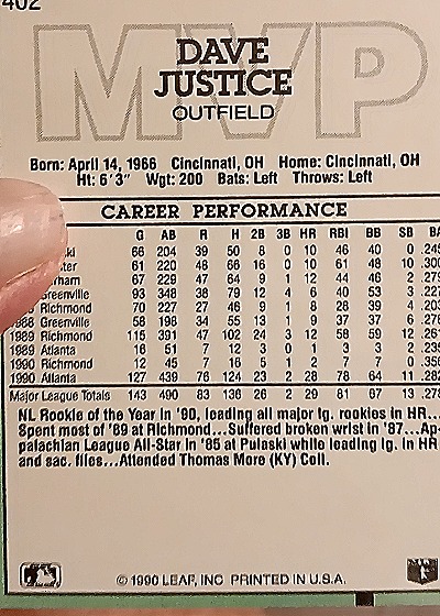 1990 Leaf MVP #402 Dave Justice — back