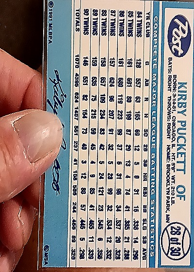 1991 Post Collector Series #28 Kirby Puckett — back