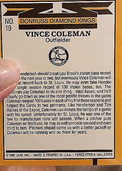 1988 Donruss Diamond Kings #19 Vince Coleman — back