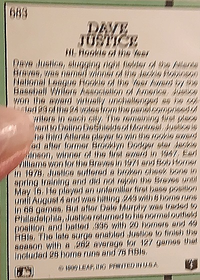 1991 Donruss #683 Dave Justice — back