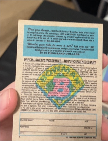 1990 Bowman Sweepstakes Card — front