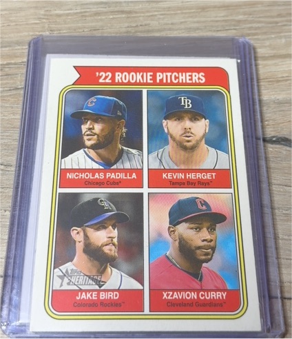 2023 Topps Heritage #495 '22 Rookie Pitchers Jake Bird Xzavion Curry Nicholas Padilla Kevin Herget — front