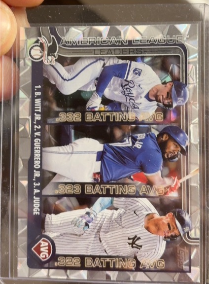 2025 Topps #345 American League Leaders AVG Bobby Witt Jr., Vladimir Guerrero Jr., Aaron Judge — front