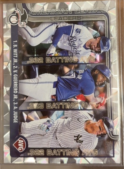 2025 Topps #345 American League Leaders AVG Bobby Witt Jr., Vladimir Guerrero Jr., Aaron Judge — front