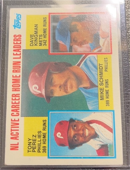 1984 Topps #703 NL Active Career Home Run Leaders (Schmidt/Perez/Kingman) — front