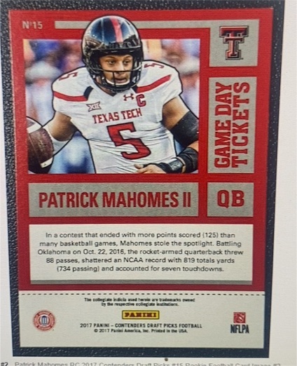 2017 Panini Contenders Draft Picks #15 Patrick Mahomes II — front