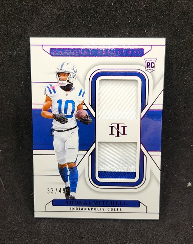 2024 Panini National Treasures #33 Adonai Mitchell Rookie Dual Materials Purple — front
