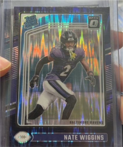 2024 Panini Donruss Optic #281 Nate Wiggins Purple Shock Rated Rookie Baltimore Ravens — front
