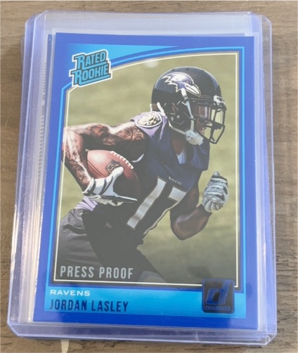 2018 Donruss #349 Jordan Lasley Rated Rookie Blue Press Proof — front