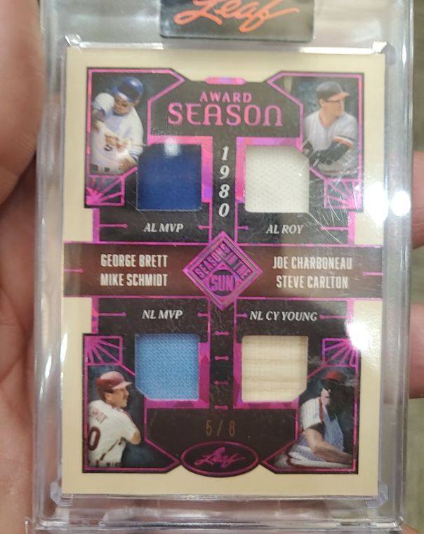 2025 Leaf Seasons In The Sun Award Season 1980 Quad Relic #AS-4 George Brett Mike Schmidt Joe Charboneau Steve Carlton — front