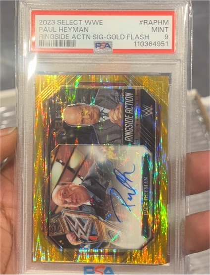 2023 Panini Select WWE #RAPHM Paul Heyman Ringside Action Signatures Gold Flash — front