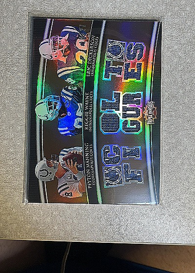 2010 Topps Triple Threads #TTRC-10 Peyton Manning / Reggie Wayne / Eric Dickerson — front