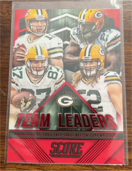 2015 Panini Score #13 Aaron Rodgers / Clay Matthews / Eddie Lacy / Jordy Nelson Team Leaders — front