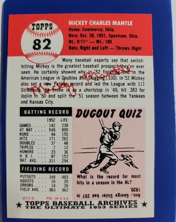 1991 Topps Archives 1953 Reprint #82 Mickey Mantle — front