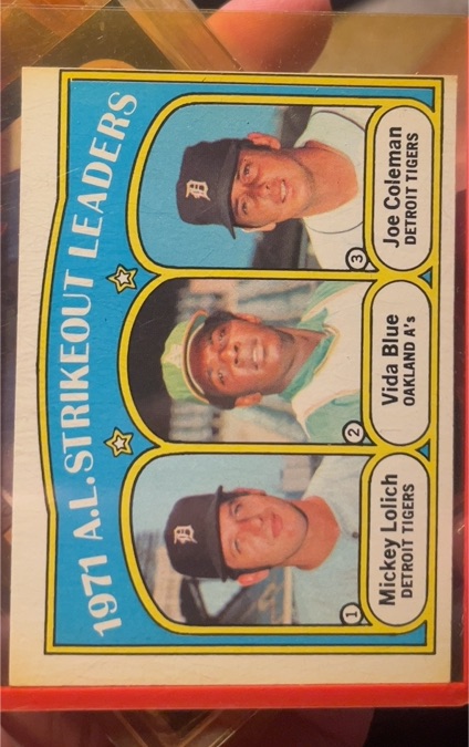1972 Topps #96 1971 A.L. Strikeout Leaders Mickey Lolich/Vida Blue/Joe Coleman — front