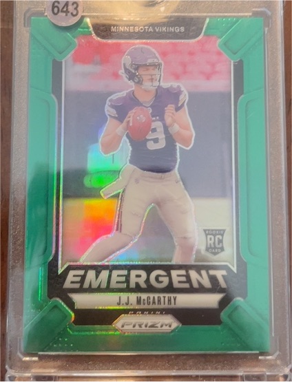 2024 Panini Prizm #19 J.J. McCarthy Emergent Green Prizm Rookie Card — front